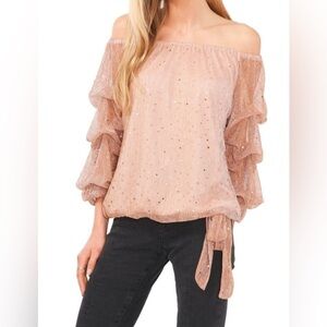 Vince Camuto Women's Gold Sparkle Shine Off Shoulder Long Sleeve Blouse Top Sz L